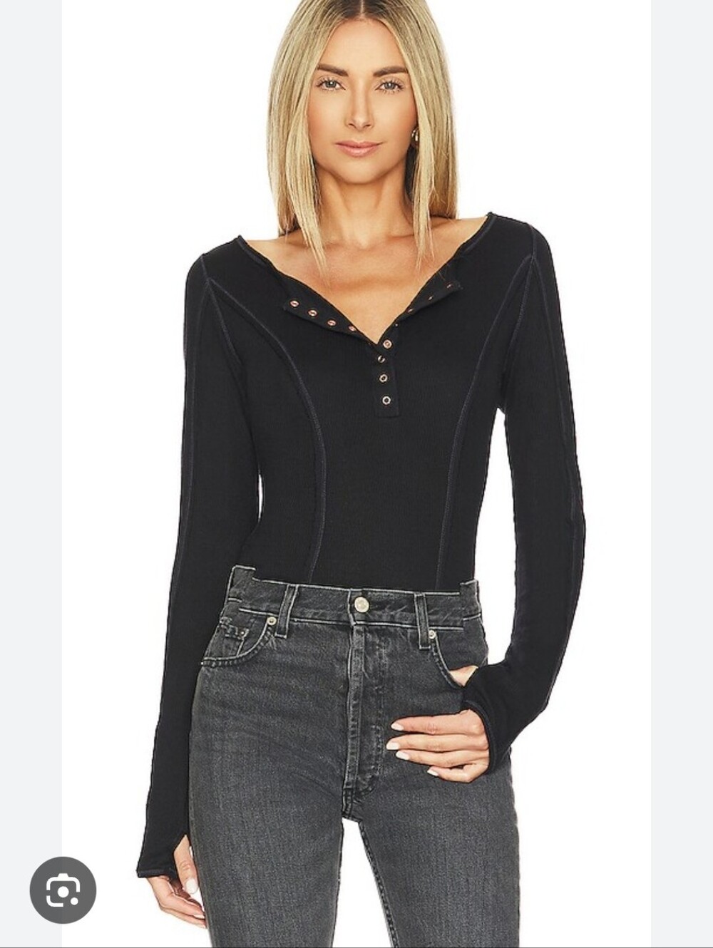 Free People Sloane Long-Sleeve Henley Body Suit in Black Sz.XS